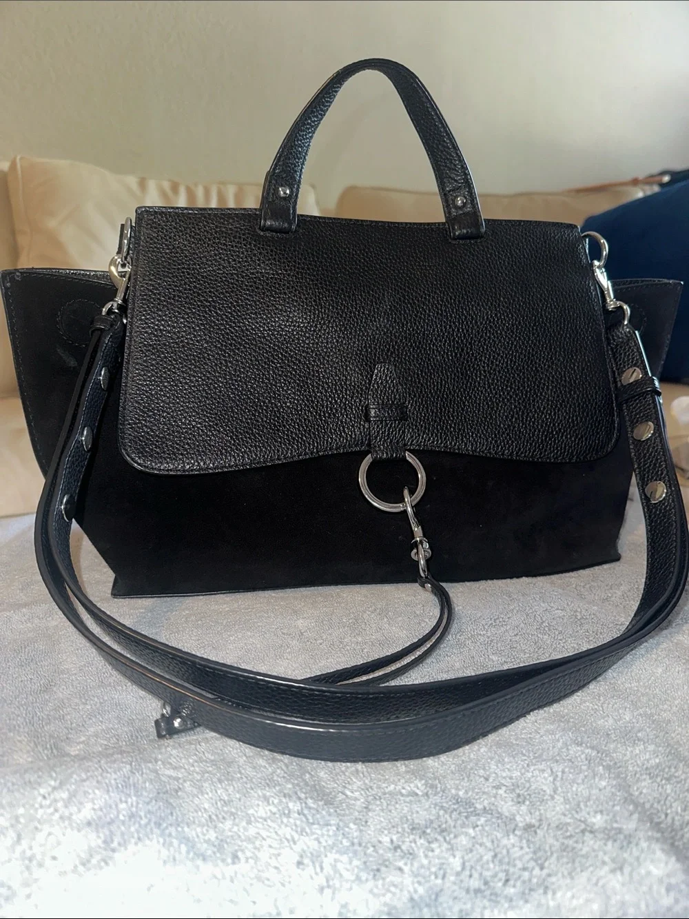 Rebecca Minkoff Keith Suede and Leather Medium Satchel in Black‎